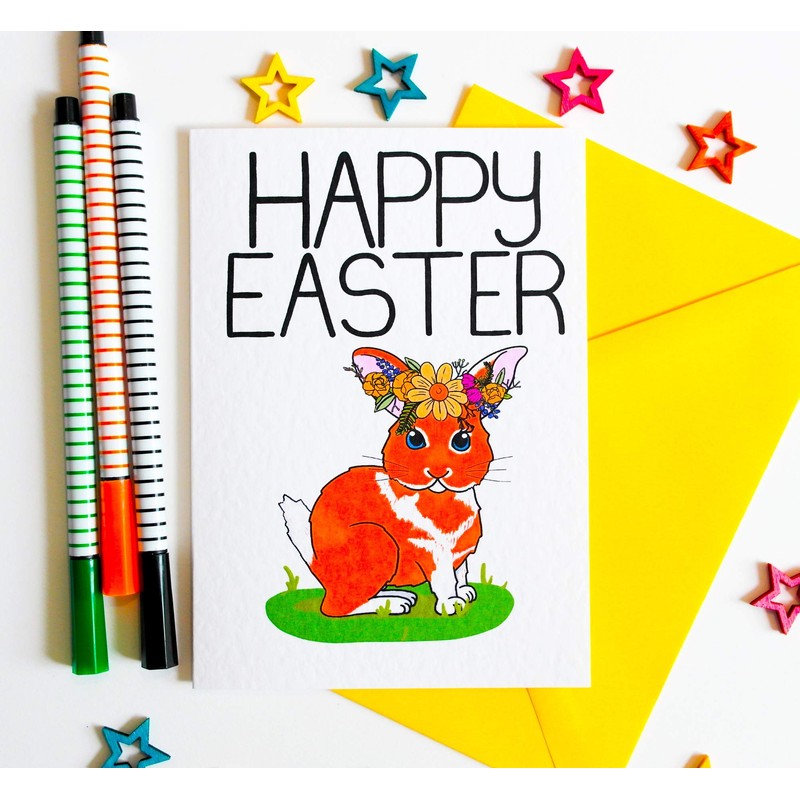 Happy Easter Card with Cute Easter Bunny Rabbit with Yellow