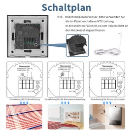 CNBINGO Smart Flush-Mounted Thermostat with Sensor, Digital Room Thermostat for Water Underfloor Heating and Boiler, Compatible with Alexa and Google Assistant, Voice Control, Black with Glass Frame