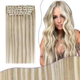 Fshine Real Hair Extensions, Clip-In, Blonde, 50 cm Clip-In Extensions, Real Hair, Full Head Clip-In Extensions, Blonde, Real Hair Extensions, Blonde Highlights, 150 g, in Colour 16P22