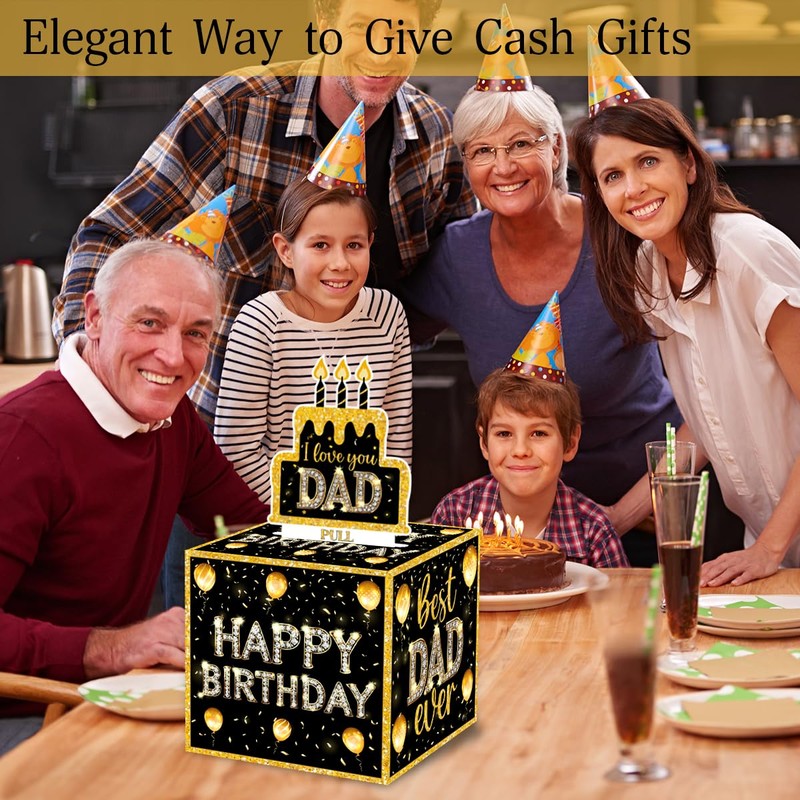 ChillHui Father Birthday Money Gift Boxes, Black Gold Birthday Money
