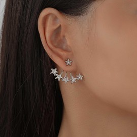 Cimenexe Bohemian Crystal Star Jacket Earrings Silver CZ Paved Star Earrings Cluster Star Floating Earrings Small Rhinestone Star Ear Jacket Earrings Jewellery for Women and Girls, Zinc, No Gemstone