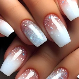Ombre Press on Nails Short Coffin Fake Nails with Glitter Sequins Design Glue on Nails White Gradient Pink Full Cover Acrylic False Nails Glossy Artificial Stick on Nails for Women Girls 24Pcs