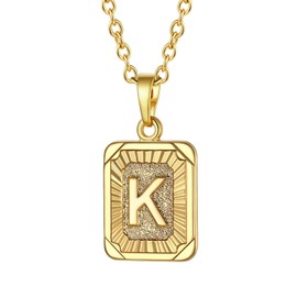 Focalook 26 letters A B C initial letters, pendant with 45 cm / 50 cm Rolo chain, hexagon/rectangle tag necklace for women, girls pendant loop, adjustable gold/ silver available for selection., K