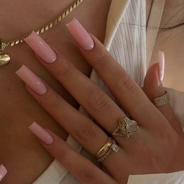 SXVME Pink False Nails Long Square, Acrylic Press on Nails