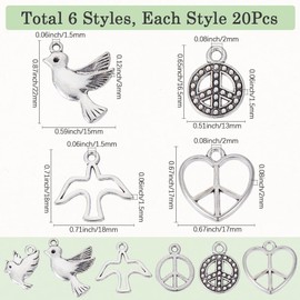 SUNNYCLUE 1 Box 120 Pieces 6 Styles Peace Sign Pendants Tibetan Pendants Bulk Pack Silver Metal Alloy Peace Dove Flat Round Bird Heart Pendant Dangle Pendant for Jewellery