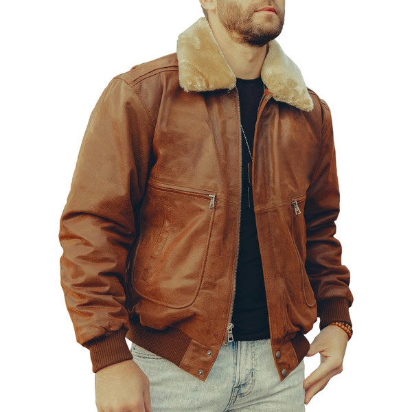 FLAVOR Men's Real Leather Bomber Jacket with Removable Fur Collar