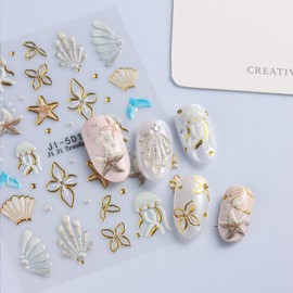 5D Nail Stickers for Nail Art, 2Pcs Summer Nail Decals Flower Starfish Shells Nail Decorations Cute Nail Art Stickers Self Adhesive Embossed Nails Supplies DIY Manicure Accessories for Women