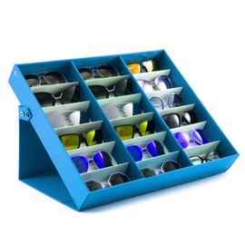 jiffordwind 18 Slot jewelry Sunglasses Organizer Box Stand Display Case/Tray, Snap Close & Polyester Silk Lined (1, Blue)