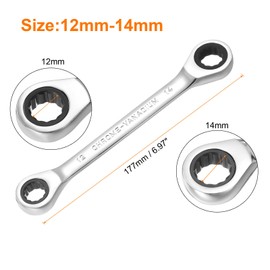 HARFINGTON Double Box End Ratcheting Wrench 12mm-14mm CR-V Steel Metric 12 Point Ratchet Wrench Mirror Chrome Plating Box End Spanner Tool with 72 Tooth Gear for Auto Repair DIY Project