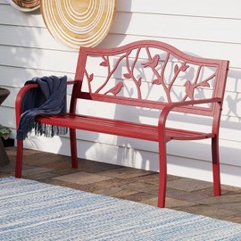 PHI VILLA Outdoor Patio 50" Metal Park Bench Red, Steel Frame Bench with Backrest and Armrests for Porch, Patio, Garden, Lawn, Balcony, Red Bird