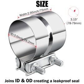 TERMUX 3.0 Inch Exhaust Clamp,3" Lap Joint Band Clamp Sleeve Coupler Stainless Steel for Pipes Mufflers Catalytic Converters（2PCS）