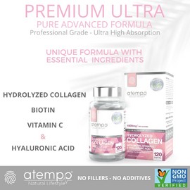 ATEMPO NATURAL LIFESTYLE Hydrolyzed Collagen Peptides Pro-Structural Protein for Men and Women 1500mg, Multi Dietary Supplement for Skin, Hair, Bones and Joint Support, 120 Capsules