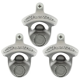 Luwanburg Wall Mounted Magnetic Bottle Opener Cheers, Mountable Beer Cap Opener with Magnets Built-in Antique Silver for Wooden Caddy Cooler (Pack of 3)