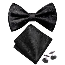 Gusleson Black Bow Tie and Pocket Square Set for Men Floral Pre-Tied Bowties Cufflinks for Wedding (UK0493-38)