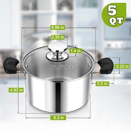 5 Quart 3-Ply Cooking Stock Pot with Lid, P&P CHEF Stainless Steel Large Pot for Pasta Soup, Work on Multi Stove, Heavy Duty & Dishwasher Safe, Dual Heat-resistant Handles & Visible Lid