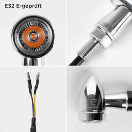 evermotor Chrome CNC 12 V 4 Pieces Mini Motorcycle LED Indicator E32 E Approved, Bullet Aluminium Shell, M8 Screw, Cable Length 350 mm, IP67 Waterproof, Amber