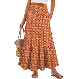 ANRABESS Maxi Skirts for Women 2025 Summer Boho Long Flowy Floral Elastic High Waist Skirt Casual Travel Skirt with Pockets Orange Large
