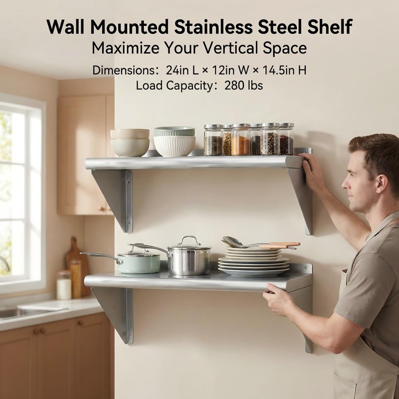 KUARBARR Stainless Steel Shelf Wall-Mounted Stainless Steel Wall Shelf 12