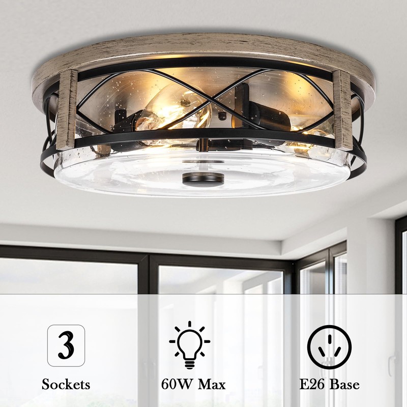16 Inch Farmhouse Flush Mount Ceiling Light With Seeded Glass,