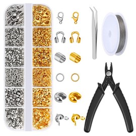 1200 Pcs Crimp Beads Set, Brass Crimp Tube Bead, Lobster Clasps, Jump Rings, Crimp Ends, Open Mouth Beads, Beading Thread, Crimping Plier & Tweezer for DIY Jewelry Bracelet Necklace Making