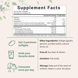 Cod Liver Oil 2,000mg Per Serving, 360 Softgels | Burpless Lemon Flavored – Rich in Omega 3, Vitamins A & D3, EPA, DHA | Wild Caught Arctic Deep Sea Fish | Heart, Brain, & Immune Supplement