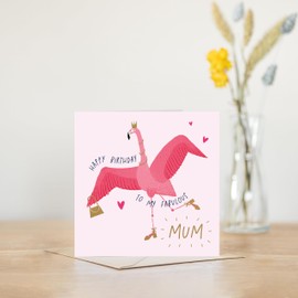 Manta Makes Mum Birthday Card From Daughter or Son, Birthday Card Mum, Birthday Cards for Mum, Happy Birthday Mum Card, 15cm by 15cm square blank with kraft envelope (Flamingo Mum)