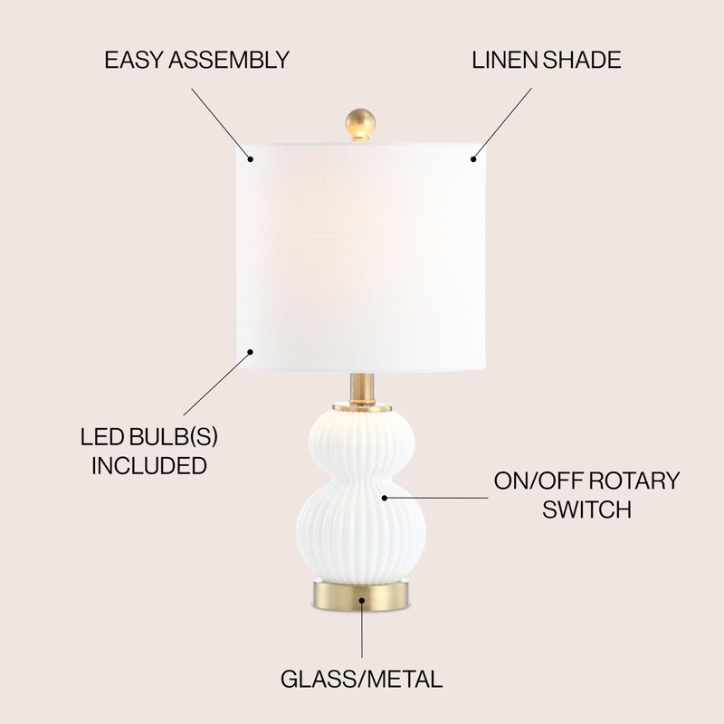 JONATHAN Y 20" White/Brass Gold Ribbed Gourd Glass Table Lamp,