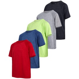 iXtreme Boys Athletic Shirts - 5 Pack Short Sleeve Dry Fit T-Shirts - Moisture Wicking Boys Shirts Summer Clothes (6-18), Size 12-14, Black/Red/Blue/Lime/Grey Marble