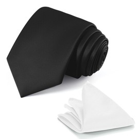 JUNMEISI Black Tie Set in Gift Box Mens Solid Color 3.15" (8CM) Black Necktie and White Pocket Square Set