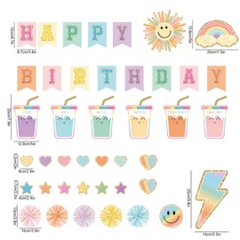 FYSUIMU Pastel Happy Birthday Bulletin Board Decoration Set Colored Sweet Milk Tea Birthday Paper Cutouts with 100 Pcs Glue Points for Back to School Classroom Month Calendar, 49 Pcs