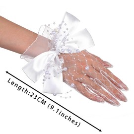 Campsis Lace Gloves White Pearl Glove Wedding Bridal Gloves Bowknot Tea Party Glove 1920s Flapper Accessories for Women