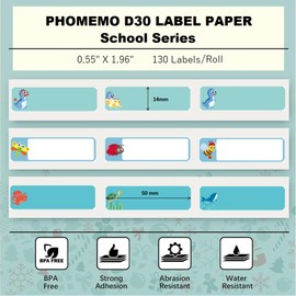 Phomemo D30 3 Roll Adhesive Cute Pattern Label Paper 0.55" x 1.96" (14mmX50mm) for Labeling Kid Items, for School, Organization- Animal Series, 130 Labels for Each Roll