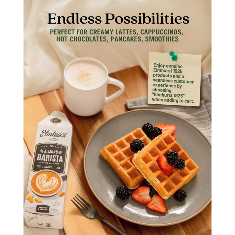 Elmhurst 1925 Almond Milk Barista Edition – 32oz (6-Pack) Plant-Based,