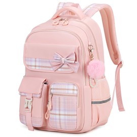 Tanou School Bag Girl Kids Backpack, Water-resistant Bookbag Teenager Daypack, Kawaii Checked Satchel for Girls 9-16 Years with Trolley Strap, Pink