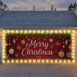 Vrainito 7x16ft Christmas Garage Door Cover with LED String Lights, 2025 Large Garage Door Christmas Decorations, Outdoor Lighted Garage Banner, Garage Mural (Christmas Ornaments)