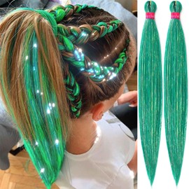 Green Braiding Hair with Tinsel 30 Inch Pre Stretched Braiding Hair 2 Packs Pre Feathered Hair Extensions Yaki Texture Braids Hair Easy to Use