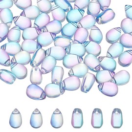 PATIKIL - Cuentas de lágrima de cristal checo, 100 cuentas de cristal transparente perforadas en la parte superior, cuentas de gota de lluvia infladas de cristal, degradado azul morado, 6 x 9 mm