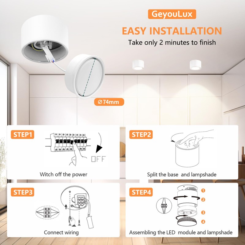 GeyouLux LED Surface-Mounted Spotlights, White, Diameter 95 x 55 mm,
