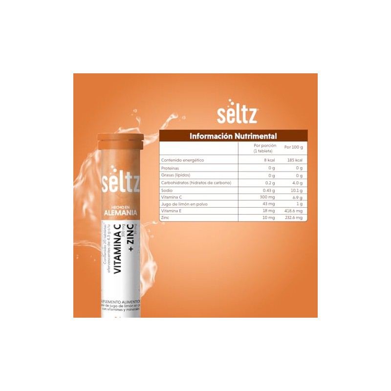Seltz Tableta Efervescente Vitamina C + Zinc 300 mg Durazno