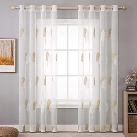 MIULEE 2 Panels Sheer Curtains Brown and White Embroidered Leaves Sheer Curtains Elegant Grommet Window Voile Panels/Drapes/Treatment for Bedroom Living Room (54X84 Inch)