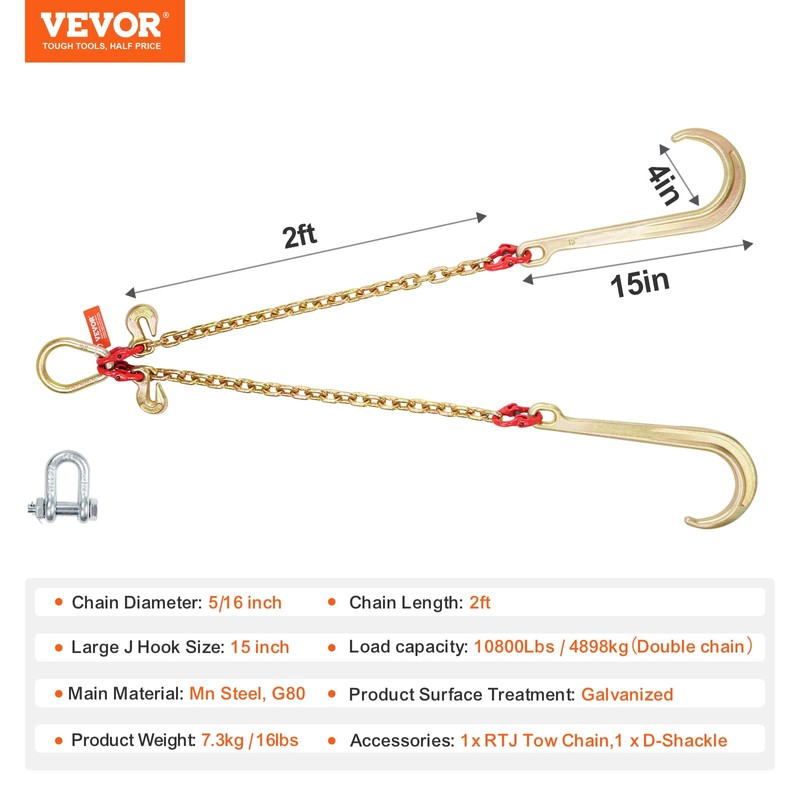 VEVOR G80 V Bridle Chain, 5/16" x 2' Towing Chain