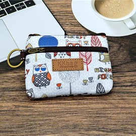 ERJUR Small Wallet for Women Men Coin Purse Change Holder Zipper Nylon Coin Purse with Keychain (Owl White)