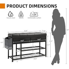 MUTUN 35.5'' x 23'' Storage Shoe Bench, 3-Tier Entryway Bench with Padded Cushion Fabric Drawers and Storage Bag, Metal Shoe Racks and Storage Ottoman for Entryway Bedroom Living Room