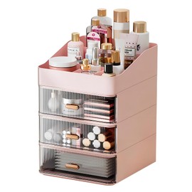 DASITON 6 Slots Makeup Brush Holder,Makeup Organizer,Makeup Brush Holder with 3 Drawers,Divided Makeup and Makeup Storage Holder,for Cosmetics(Pink-F2)