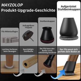 MAYZOLOP Pack of 16 Chair Leg Caps, Diameter 29-34 mm, Slanted Chair Legs with Grey Felt, Hardwood Floor, Black Chair Leg Protectors, Round, No Noise, No Scratches