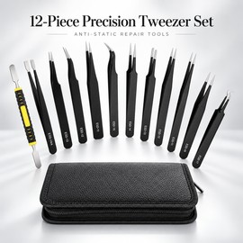 12-Piece Precision Tweezers Set for Electronics Repair – Anti-Static Stainless Steel Tools with Case for Phone & Craft Work