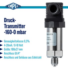 EMPEO by Messbo Pressure Transmitter Class 0.5%, 4-20mA, -160-0 mbar, G1/4 Inch, Stainless Steel Pressure Transmitter
