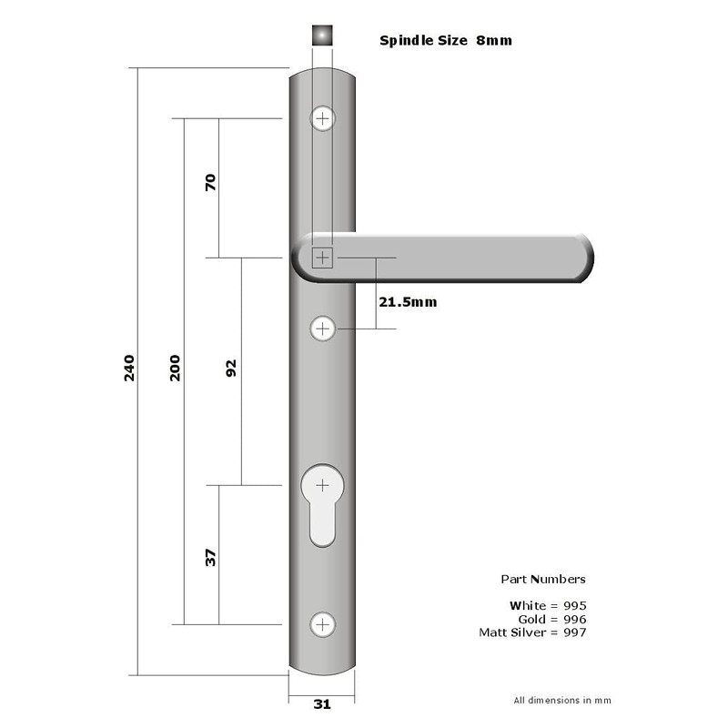 Upvc Door Handle 200mm Screw Fixings 3 Hole Fix -