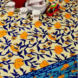 Sweet Us Cotton Floral Tablecloth for Rectangle Tables Blue Gold Beige Floral Vine Table Cloth 88 x 104 Inch Table Cover for Indoor and Outdoors