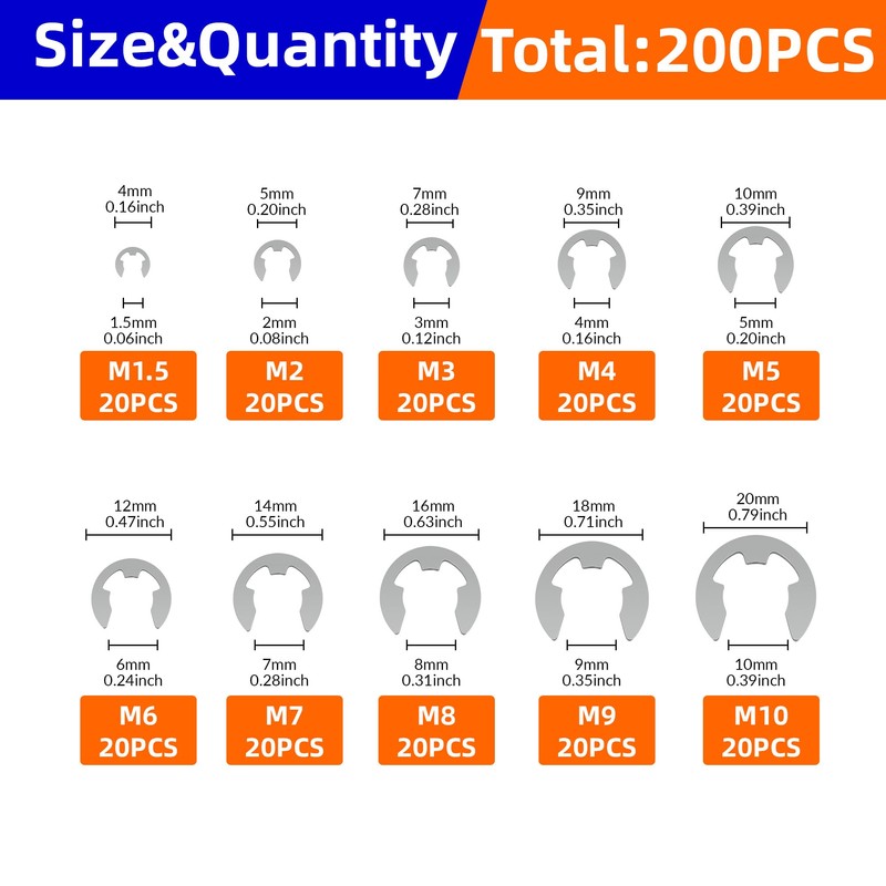 NexSync 200-Piece Metric E-Clips Assortment Kit,304 Stainless Steel External Retaining